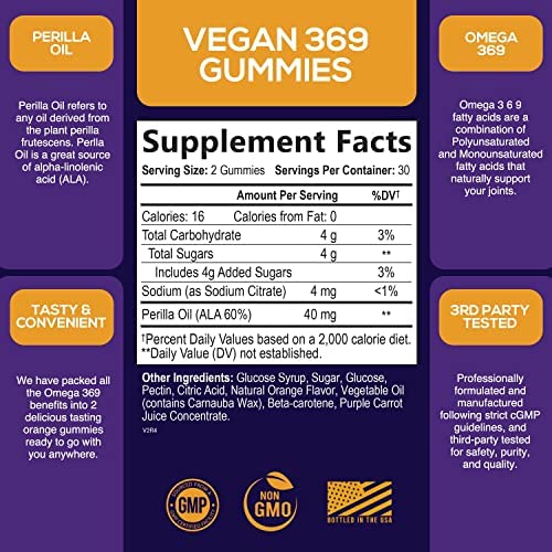 Omega 3 6 9 Vegan Gummies - Triple Strength Omega 3 Supplement Gummy - Essential Oil 369 Heart Support and Brain Support for Women, Men & Pregnant Women, Non-GMO, Orange Flavor - 60 Gummies