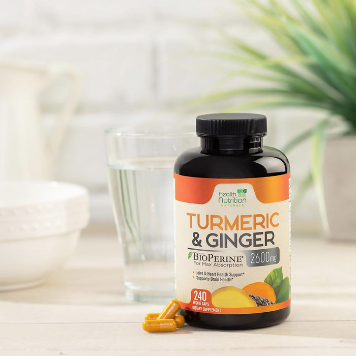 Turmeric Curcumin Supplement 2600mg - with Organic Ginger & Turmeric, 95% Curcuminoids, BioPerine Black Pepper for Best Absorption, Nature's Vegan Joint Support, Non-GMO, Bottled in USA - 240 Capsules