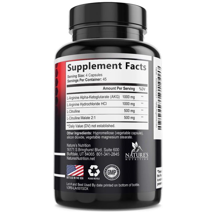 Nitric Oxide Formula with L-Arginine + Citrulline – 3000mg – 180 Capsules