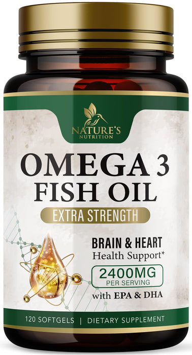 Omega 3 Fish Oil Supplements - 2400 mg Triple Strength Omega3, EPA & DHA with Essential Fatty Acids - Natural Immune, Brain & Heart Health Support - Gluten Free, Non-GMO, Wild Caught - 120 Softgels
