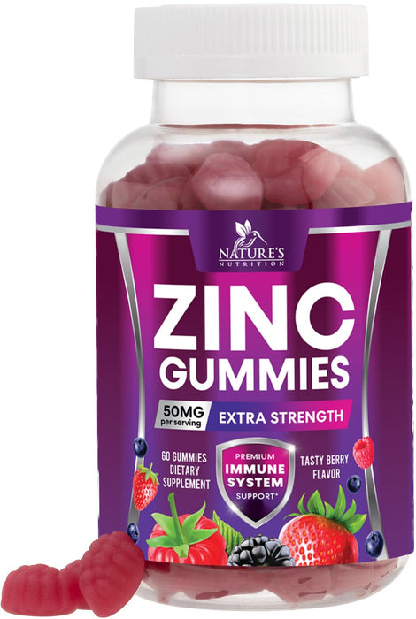 Zinc Gummies 50mg - Bone Skin & Immune Support Health Gummy & Premium Antioxidant Chewable for Adults - High Absorption Vegan, Gluten Free Zinc Supplements Vitamin - Tasty Berry Flavor - 60 Gummies