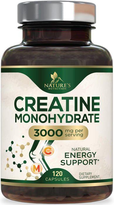 Creatine Monohydrate Capsules 3000mg – Best Micronized Creatine Powder - Supports Lean Muscle, Strength, Energy, & Endurance - Nature's Supplement, Non-GMO, Gluten Free for Women & Men - 120 Capsules