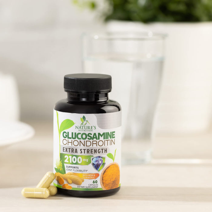 Glucosamine Chondroitin MSM 2100mg Complex - Joint Support Supplement for Joint Mobility & Comfort For Men and Women with Turmeric & Boswellia, Triple Strength Glucosamine Supplements - 60 Capsules