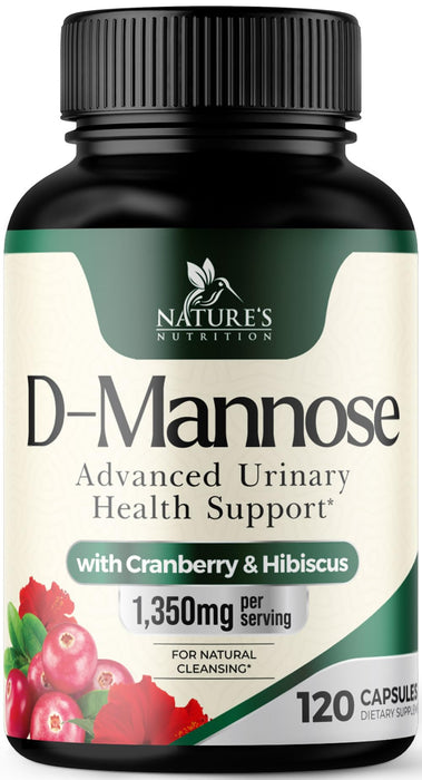 D-Mannose Supplement 1,350 mg with Cranberry & Hibiscus - Effective Fast-Acting, Flush the Impurities for Natural Bladder, Urinary Tract Health Support, for Women and Men, Non-GMO, Vegan, 120 Capsules
