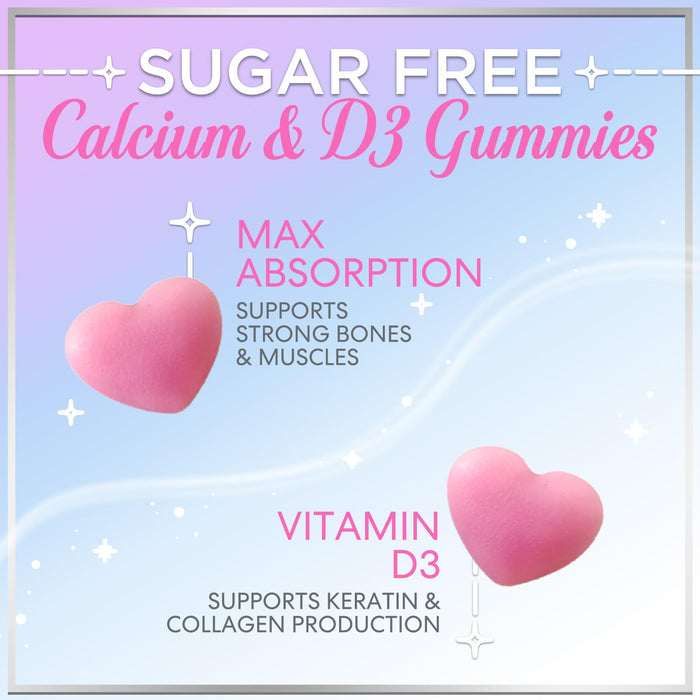 Calcium Supplements for Women - Sugar Free Calcium Gummies with Vitamin D3 for Bone Strength, Teeth & Immune Health Support, Natural Chews for Women & Men - Raspberry Flavored & Non-GMO - 60 Gummies