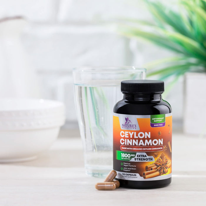 Organic Ceylon Cinnamon Supplement 1800mg - Certified Organic Ceylon Cinnamon Powder Pills - Energy & Heart Support for Women & Men, Bottled in USA, Antioxidant, Gluten Free, Non-GMO - 120 Capsules