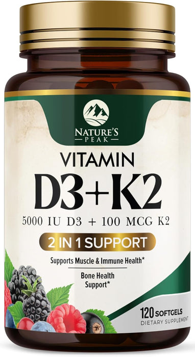 D3 K2 Vitamin 5000 IU | 2-in-1 Vitamin D 5000iu & Mk7 Vitamin K 100 mcg Dietary Supplement for Bone & Immune Support, Bottled in USA, Easy to Swallow, Gluten Free, Non-GMO I 120 D3K2 Complex Softgels