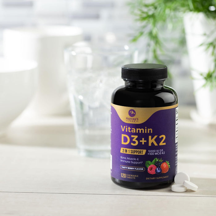 Vitamin D3 K2 - 5000 iu Vitamin D3 & 100 mcg Vitamin K2 (MK-7) Complex for Immune Support - Bone, Teeth & Muscle Health Support - Berry Chewable, Gluten Free, Non-GMO, Made in USA - 120 Tablets