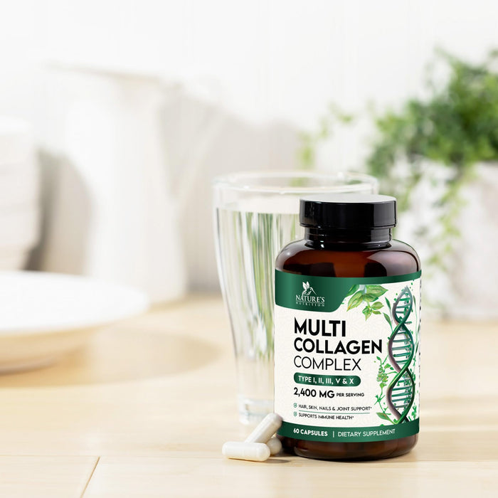 Multi Collagen Peptides Supplement 2400 mg, Types I, II, III, V & X Multi Collagen Pills Complex, Hydrolyzed Collagen Peptides Supplements, Hair, Skin, Nail, and Joint Support Supplement, 60 Capsules