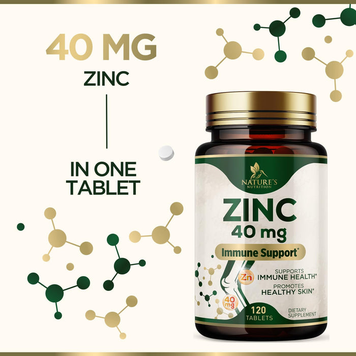 Zinc 40mg Supplements for Women and Men, Supplement for Immune Health Support, Skin Health Support, & Antioxidant Supplement for Adults with Zinc Gluconate 40 mg, High Potency, Non-GMO - 120 Tablets