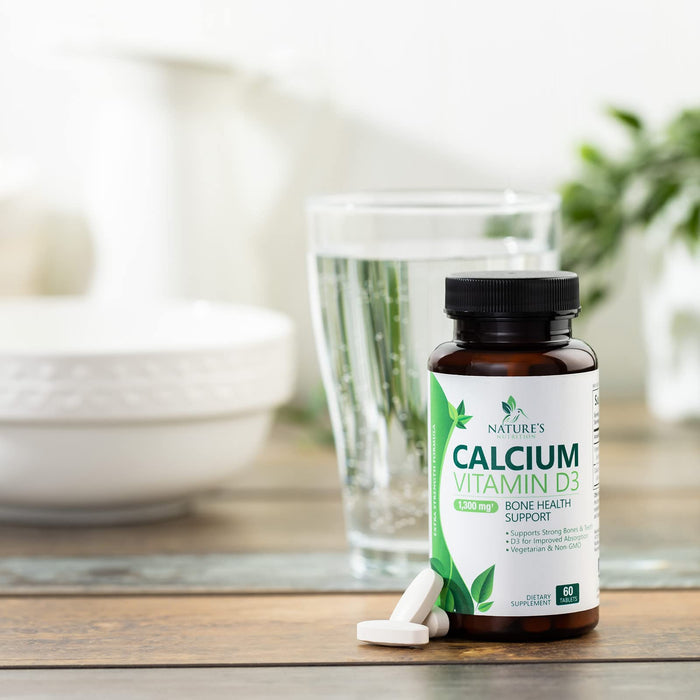 Calcium Supplement with Vitamin D - 1200 mg Calcium Carbonate with 1600 IU of D3 Vitamins - Supports Bone Strength, Teeth & Immune System - Natural & Easily Absorbable for Women & Men - 60 Tablets
