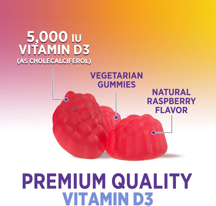 Vitamin D3 Gummies 5000 IU (125 mcg) - Extra Strength Immune Support, Bone, Teeth and Muscle Vitamin D Gummy Dietary Supplement, Nature's Berry D Vitamin Supplement, Raspberry, Non-GMO - 60 Gummies