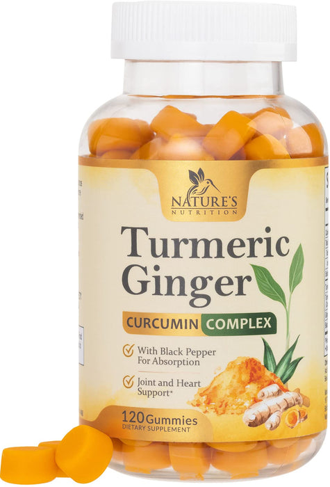 Turmeric Gummies with Black Pepper & Ginger for Best Absorption, 95% Curcuminoids Tumeric Curcumin Gummy, Nature's Herbal Extract Joint Support Supplement, Vegan Non-GMO, Peach Flavor - 120 Gummies