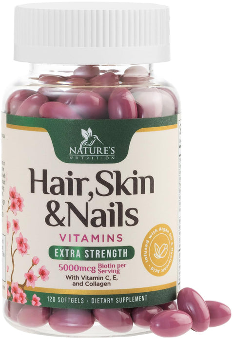 Hair Vitamins Biotin 5000 mcg Collagen for Hair Skin and Nails Vitamin Nature's – 120 Softgels