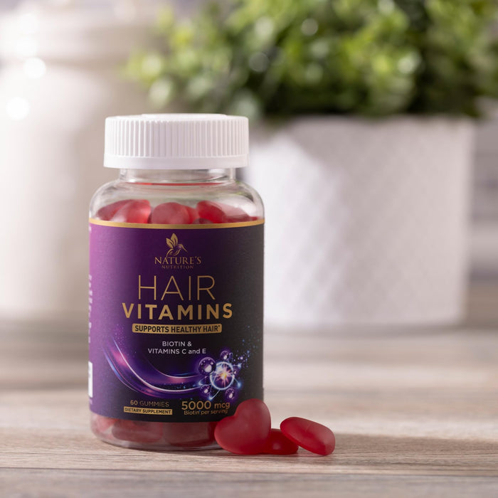 Hair Vitamins Gummies with Biotin 5000 mcg - Stronger, Radiant Hair, Skin & Nails Supplement - Vitamin E & C, Hair Growth Support Vitamin for Women & Men, Non-GMO & Gluten Free - 60 Gummies