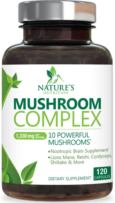 Mushroom Supplement Nootropic 1330mg - 10 in 1 High Strength Brain Supplements Mushroom Complex with Lions Mane, Turkey Tail, Reishi, Cordyceps & Chaga for Memory, Brain & Focus Support - 120 Capsules