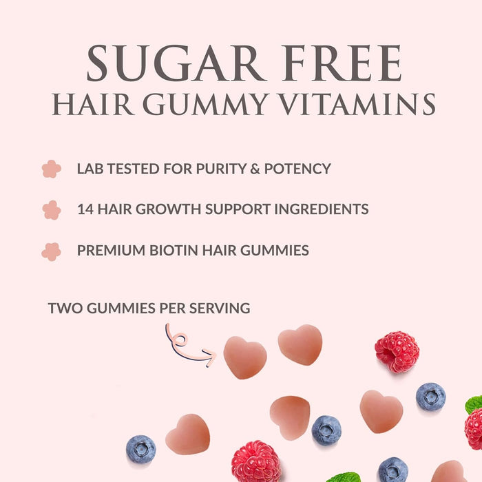 Sugar Free Hair Vitamins Gummies with Biotin 5000 mcg, Vitamin A, B12, C, D, E, Folic Acid, Supports Hair Growth Gummy, Vegetarian Friendly, Supports Strong Beautiful Hair and Nails - 60 Gummies