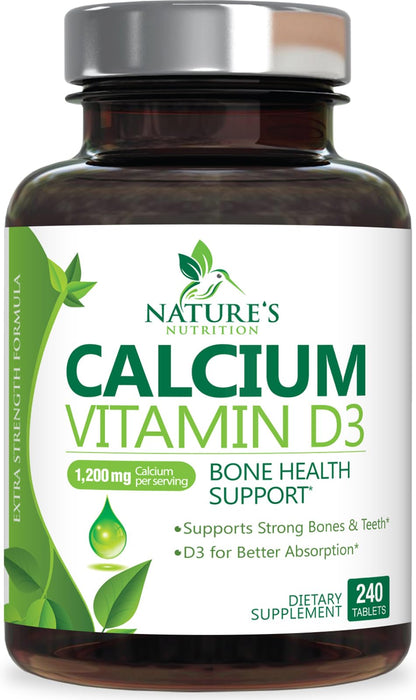 Calcium Supplement with Vitamin D - 1200 mg Calcium Carbonate with 1600 IU of D3 Vitamins - Supports Bone Strength, Teeth & Immune System - Natural & Easily Absorbable for Women & Men - 240 Tablets