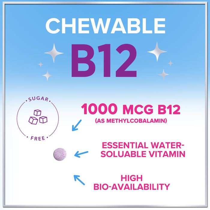 B 12 Vitamin Chewables 1000 mcg - B12 Complex with Heart & Nerve Energy Health Support - Vitamin B-12 Complex for Adults with Immune Health Support - Gluten & Sugar Free - 60 Chewables