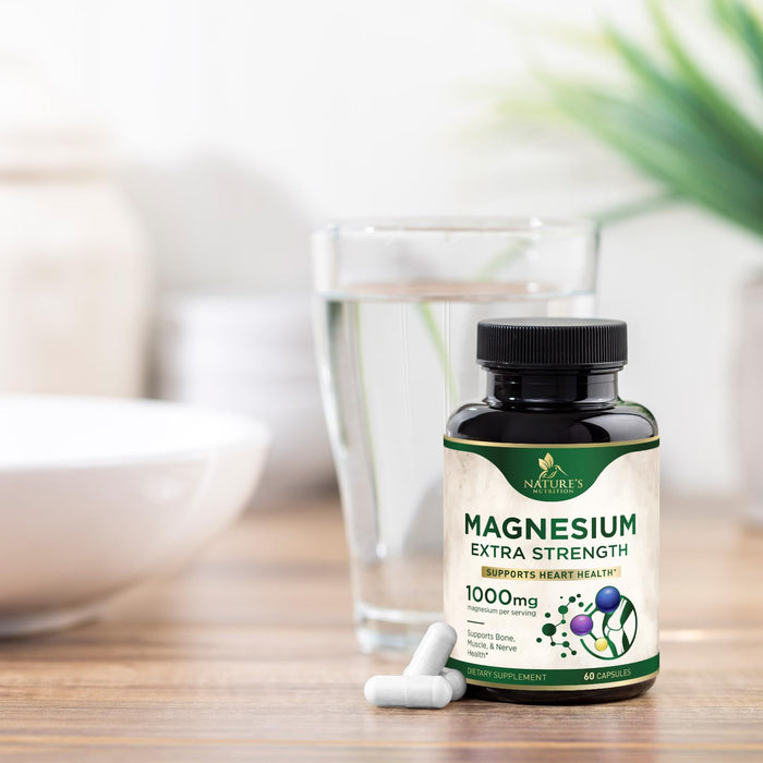 Magnesium Supplement (Citrate Oxide) 1000mg for Best Absorption, Supports Bone, Heart Health, Nerves, Muscles & Metabolism, Nature's Pure Magnesio Vitamin Pills, Bottled in USA, 60 Capsules