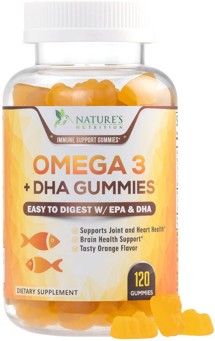 Omega 3 Fish Oil Gummies, Heart Healthy Omega 3 Gummy Supplement with High Absorption DHA & EPA, Extra Strength Joint & Brain Support, Delicious Orange Flavor Fish Oil Nature's Vitamin - 120 Gummies