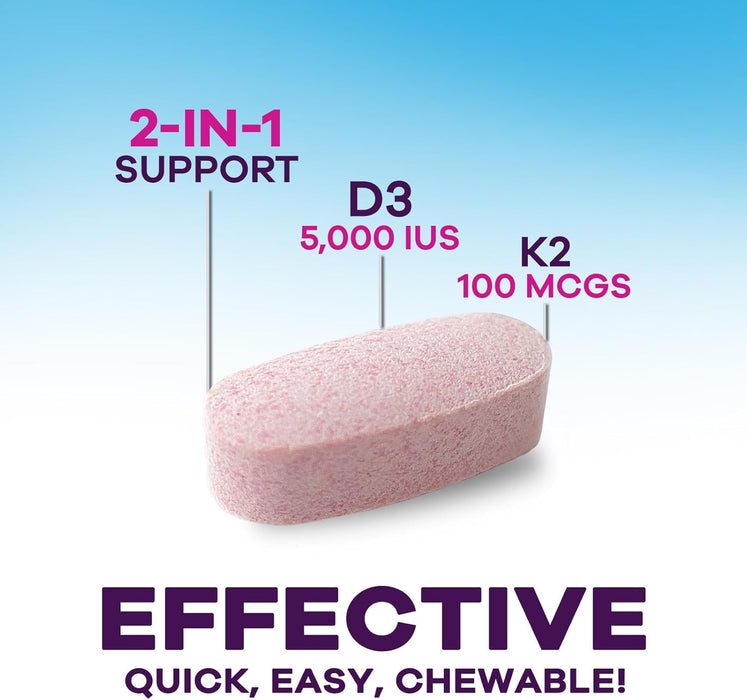 Vitamin D3 K2 - 5000 iu Vitamin D3 & 100 mcg Vitamin K2 (MK-7) Complex for Immune Support - Bone, Teeth & Muscle Health Support - Berry Chewable, Gluten Free, Non-GMO, Made in USA - 120 Tablets