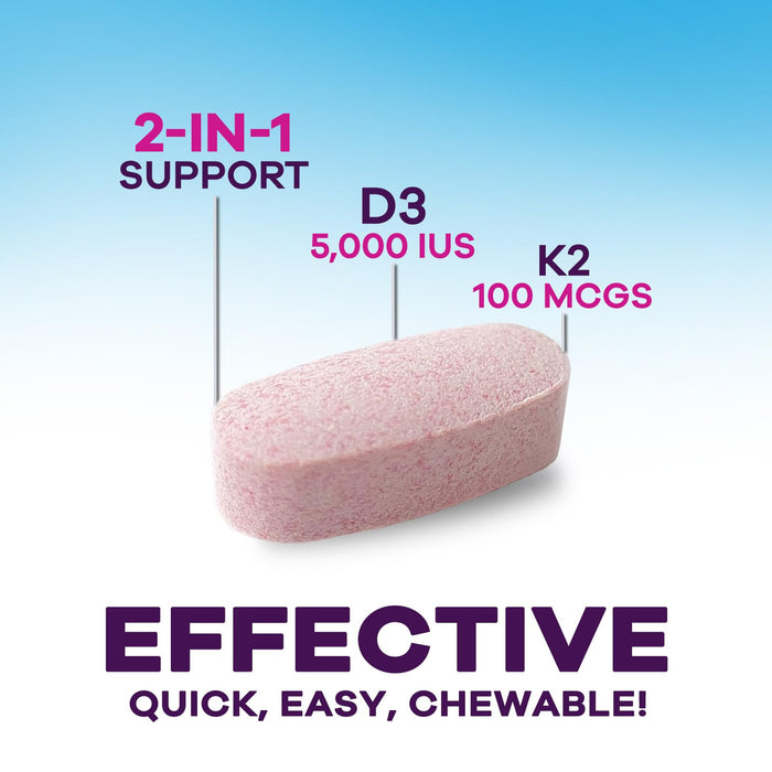 Vitamin D3 K2 - 5000 iu Vitamin D3 & 100 mcg Vitamin K2 (MK-7) Complex for Immune Support - Bone, Teeth & Muscle Health Support - Berry Chewable, Gluten Free, Non-GMO, Made in USA - 60 Tablets