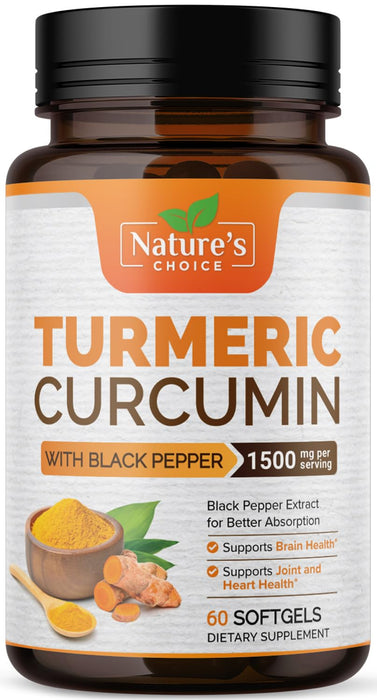 Turmeric Curcumin Supplement 1500mg with Curcuminoids - Tumeric Extract & Black Pepper for Best Advanced Absorption, Nature's Joint Herbal - Immune, Brain, Heart Support, Vegan & Non-GMO - 60 Softgels