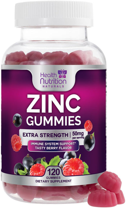 Zinc Supplement 50mg Gummies for Adults - Max Strength Skin Health & Immune Support Gummy, Vegan, Non-GMO & Gluten Free, Nature’s Antioxidant & Bone Health Chewable Tasty Berry Flavor - 120 Gummies