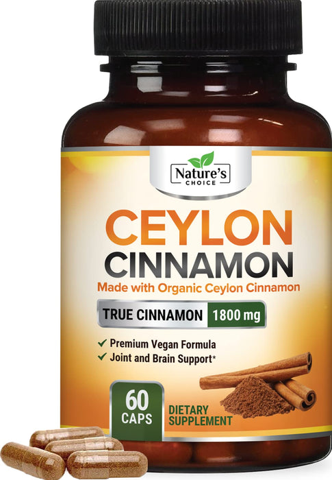Ceylon Cinnamon Capsules 1800mg - Certified Organic Cinnamon, Bottled in USA, & Pure Extra Strength Ceylon Cinnamon Supplement, Antioxidant Pills, Non-GMO & Gluten Free, Sugar Free - 60 Capsules
