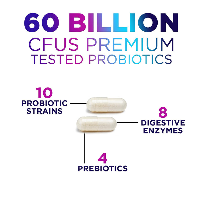 Probiotics 60 Billion CFU - 10 Strains + Digestive Enzymes & Prebiotics - Best Probiotic for Women & Men, Supports Immune, Gut Health, Occasional Constipation, Diarrhea, Gas & Bloating - 60 Capsules