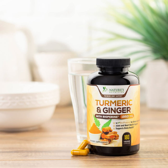 Turmeric Curcumin Supplement 1950mg - 95% Curcuminoids with Organic Turmeric & Ginger, BioPerine Black Pepper for Best Absorption, Nature's Vegan Joint Support, Non-GMO, Bottled in USA - 180 Capsules