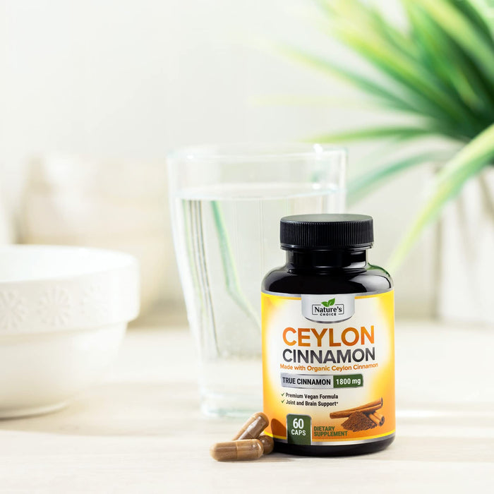 Ceylon Cinnamon Capsules 1800mg - Certified Organic Cinnamon, Bottled in USA, & Pure Extra Strength Ceylon Cinnamon Supplement, Antioxidant Pills, Non-GMO & Gluten Free, Sugar Free - 60 Capsules
