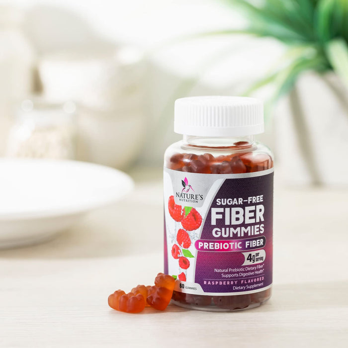 Prebiotic Fiber Gummies - Sugar Free 4g Gummy Fiber Supplement for Adults Digestive Health & Regularity Support - Natural Raspberry Flavor, Plant Based Blend, Non-GMO & Gluten Free - 60 Gummies