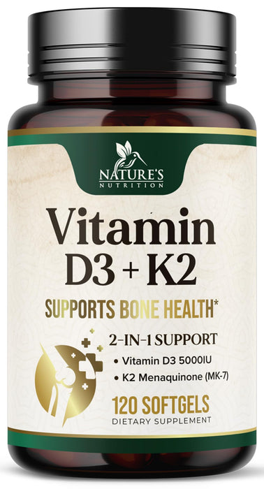 Vitamin D3 K2 5000 IU Plus with K2 (MK-7) 100 mcg - Vitamins D & K Complex Supplement for Bone, Teeth, Muscle, Calcium Absorption, Supports Immune & Heart Health, Non-GMO, Oil Formula - 120 Softgels