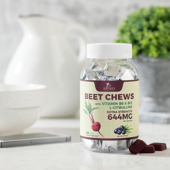 Heart Chews - Nitric Oxide & Energy Support with Beet Root Extract & Grape Seed Extract - Natural Non-GMO Beetroot Powder Antioxidant Soft Berry Flavor Chewable Supplement for Women & Men - 60 Count