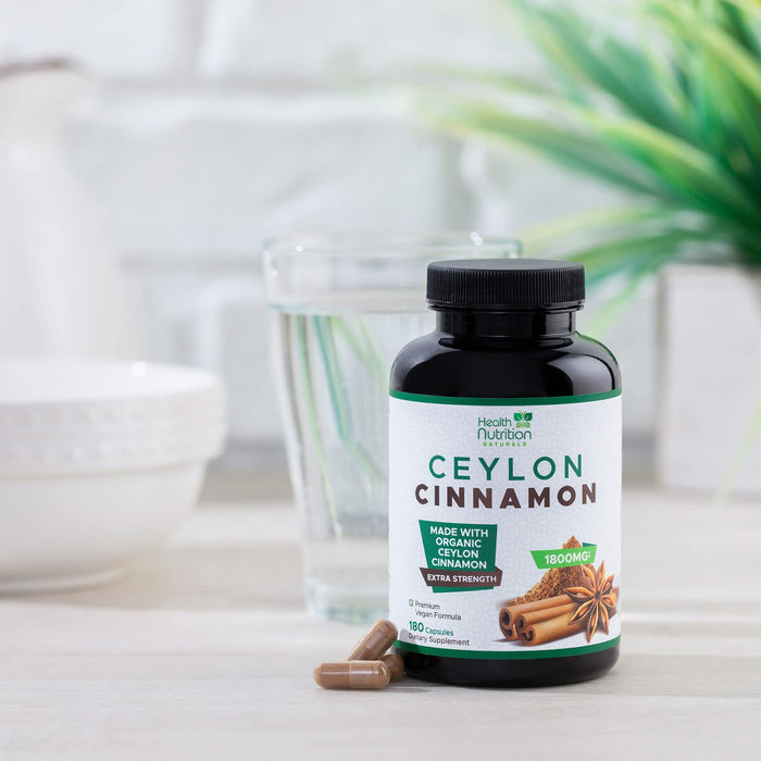 Ceylon Cinnamon Capsules 1800mg - Certified Organic Ceylon Cinnamon Powder Supplement, Bottled in USA, Extra Strength Energy & Heart Support Pills, Non-GMO & Gluten Free, Sugar Free - 180 Capsules