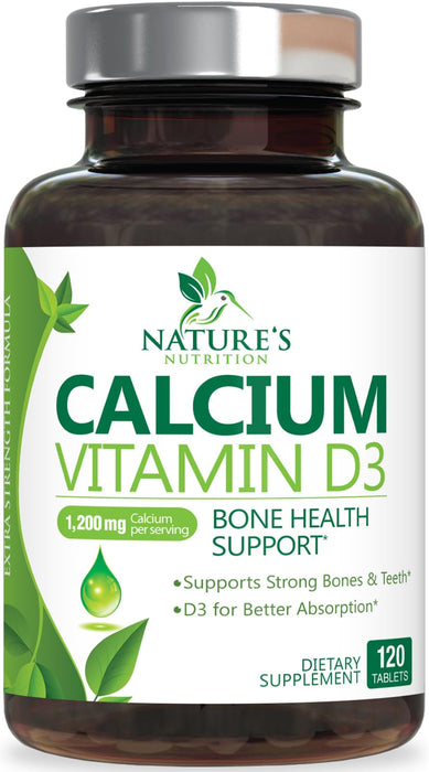 Calcium Supplement with Vitamin D - 1200 mg Calcium Carbonate with 1600 IU of D3 Vitamins - Supports Bone Strength, Teeth & Immune System - Natural & Easily Absorbable for Women & Men - 120 Tablets