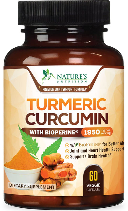 Turmeric Curcumin Supplement 1950mg - 95% Curcuminoids with Organic Turmeric & BioPerine Black Pepper Extract for Best Absorption, Nature's Vegan Joint Support, Non-GMO, Bottled in USA - 60 Capsules