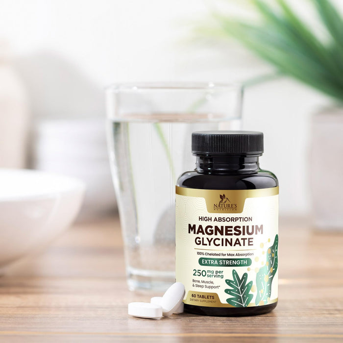 Magnesium (Glycinate) - Magnesium Supplement for Heart Health, Nerve, Muscle, Bone, and Sleep Support - 100% Chelated & High Absorption - 250 mg per Serving - Gluten Free, Vegan, Non-GMO - 60 Count