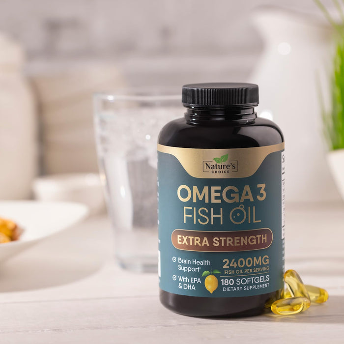 Omega 3 Fish Oil Supplement 2400 mg - Triple Strength EPA & DHA Fish Oil Omega 3, Essential Fatty Acids Supplement Softgels, Brain & Heart Health Support Supplements, Gluten Free Non-GMO, 180 Softgels