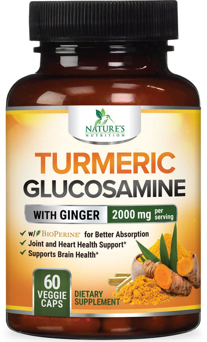 Turmeric Curcumin Supplement 2000mg with Glucosamine Chondroitin & Ginger, 95% Curcuminoids, BioPerine Black Pepper for Best Absorption, Nature's Joint Support, Non-GMO, Bottled in USA - 60 Capsules