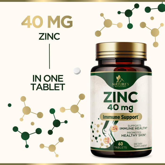 Zinc 40mg Supplements for Women and Men, Supplement for Immune Health Support, Skin Health Support, & Antioxidant Supplement for Adults with Zinc Gluconate 40 mg, High Potency, Non-GMO - 60 Tablets