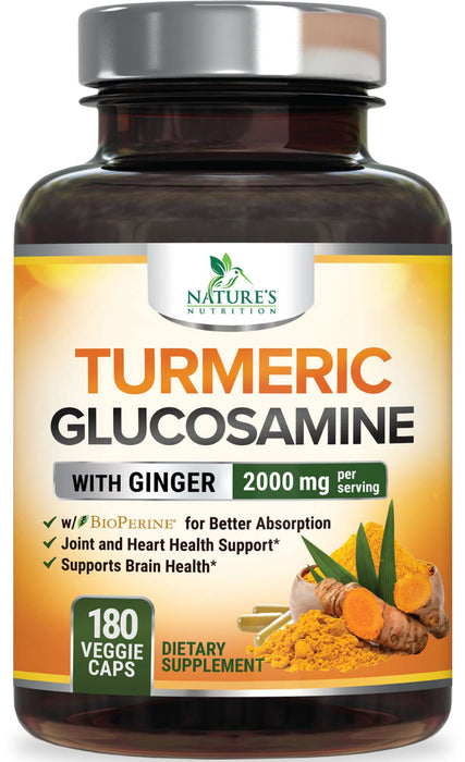 Turmeric Curcumin Supplement 2000mg with Glucosamine Chondroitin & Ginger, 95% Curcuminoids, BioPerine Black Pepper for Best Absorption, Nature's Joint Support, Non-GMO, Bottled in USA - 180 Capsules