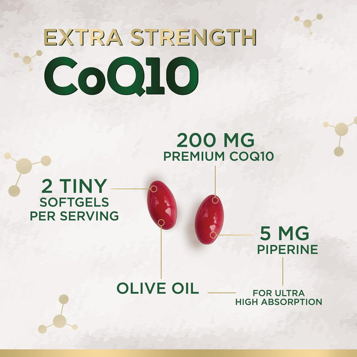 CoQ10 200mg Softgels - Extra Strength Coenzyme Q10 Supplement With Black Pepper Extract for Enhanced Absorption, CoQ10 Antioxidant Supplements for Heart Health & Cellular Energy Support - 120 Softgels