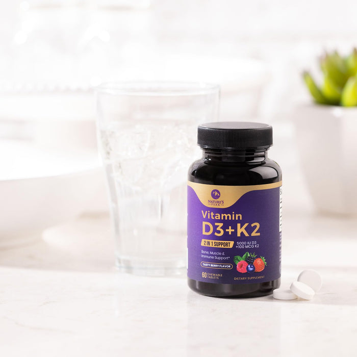 Vitamin D3 K2 - 5000 iu Vitamin D3 & 100 mcg Vitamin K2 (MK-7) Complex for Immune Support - Bone, Teeth & Muscle Health Support - Berry Chewable, Gluten Free, Non-GMO, Made in USA - 60 Tablets