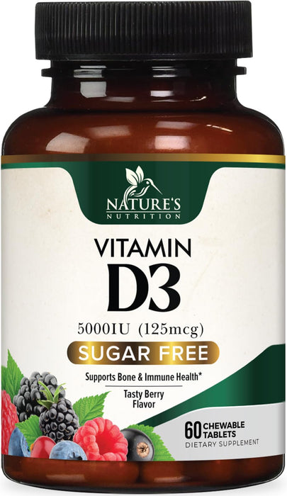 Vitamin D3 5000 IU (125 mcg) Nature's Extra Strength Vitamin D Supplement Chewable for Immune Support Health - Bone, Teeth and Muscle Supplements - Sugar Free, Non-GMO, Gluten Free - 60 Count Tablets