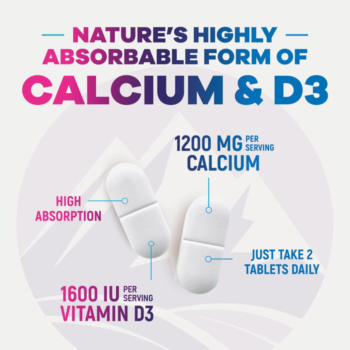 Calcium 1200 mg with Vitamin D3, Calcium Supplement Vitamins, Bone, Teeth & Immune Health Support, Calcium Supplements with D for Women & Men, Nature's Absorbable Calcium Carbonate - 240 Tablets