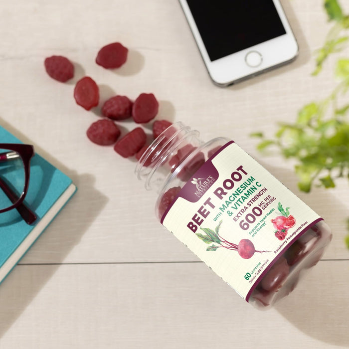 Beet Root Supplement Gummies - 500mg Per Serving with Beetroot Extract Powder Vitamin C & Magnesium - Supports Energy Heart Health & Nitric Oxide Production - Red Beets Supplements Gummy - 60 Gummies