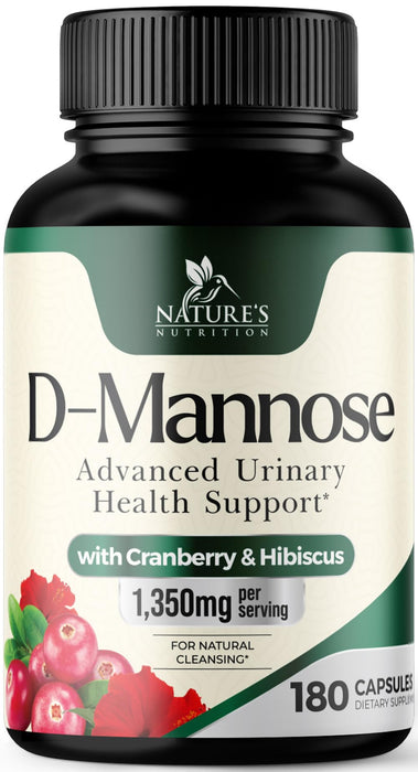 D-Mannose Supplement 1,350 mg with Cranberry & Hibiscus - Effective Fast-Acting, Flush the Impurities for Natural Bladder, Urinary Tract Health Support, for Women and Men, Non-GMO, Vegan, 180 Capsules